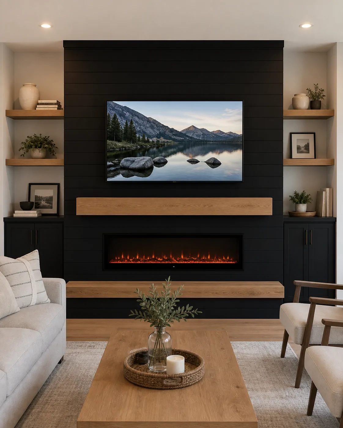 Concept rendering of a black shiplap media wall with oak mantel, fireplace, shelves, and cabinets