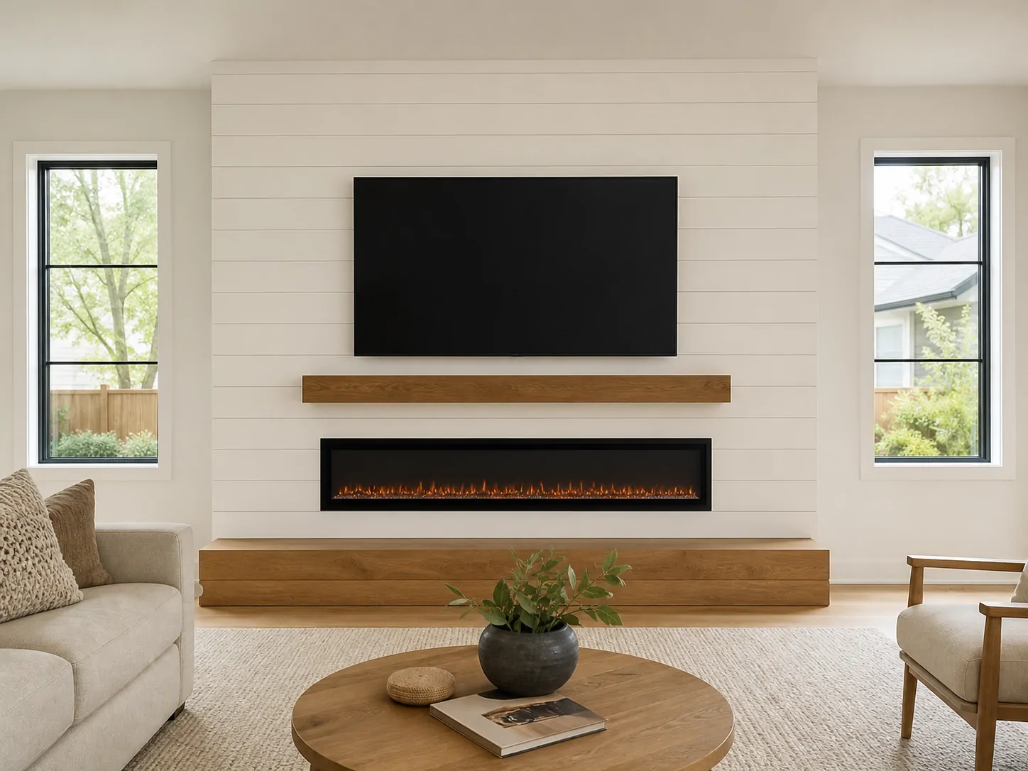 Concept rendering of a warm white shiplap media wall with oak mantel and electric fireplace