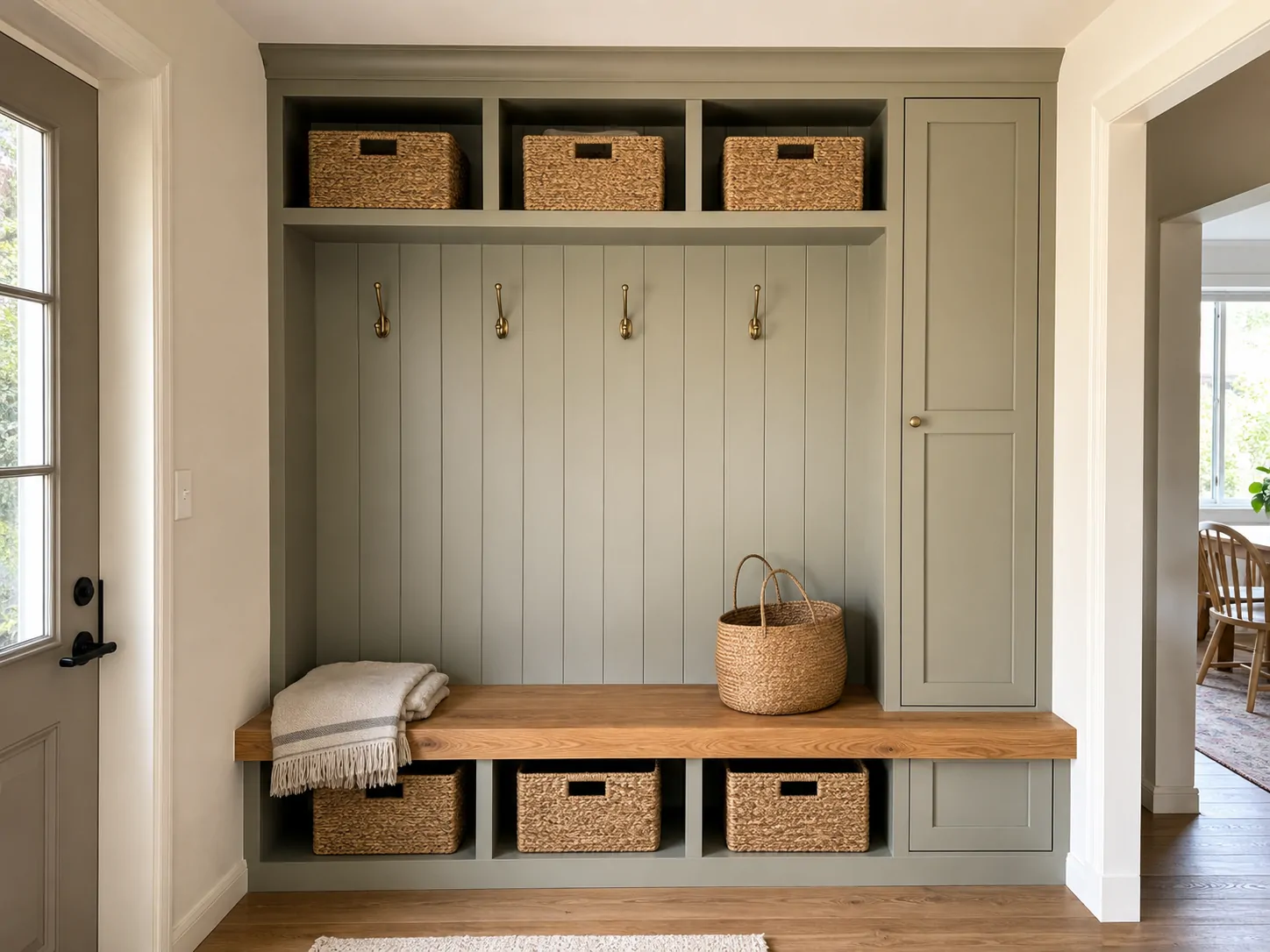 Concept rendering of a sage mudroom hall tree with oak bench, brass hooks, basket cubbies, and a closed cabinet