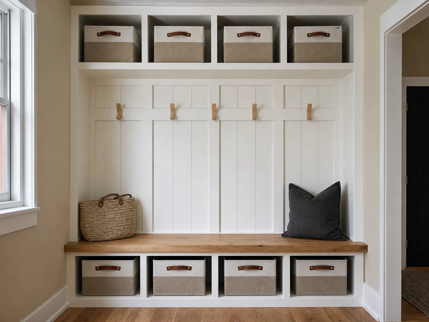 Concept rendering of a warm white mudroom hall tree with oak bench, coat hooks, cubbies, and baskets